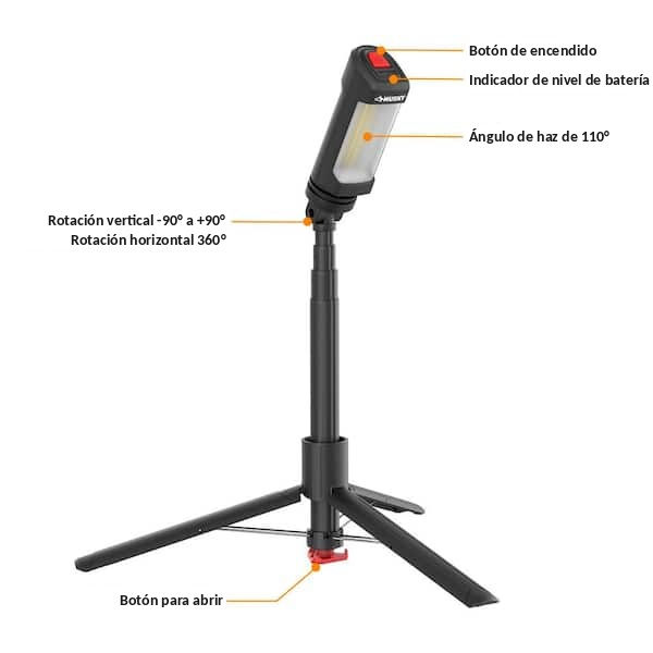 Lámpara de trabajo Husky LED recargable con trípode desmontable de 800 lúmenes