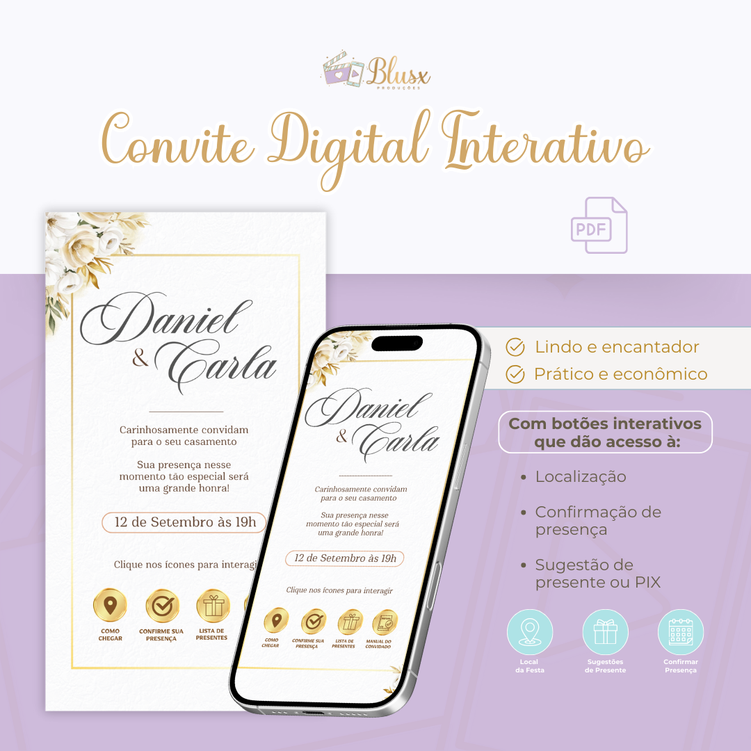 Convite Interativo - Casamento - Branco e Dourado 5