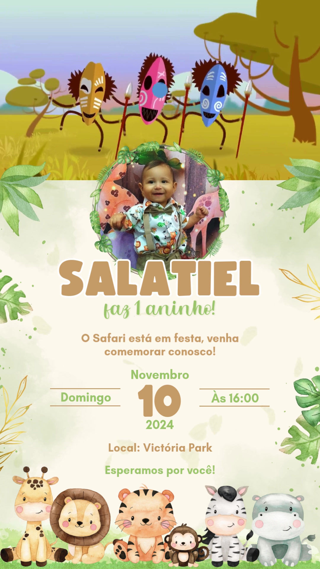 Convite Com Vídeo - Safari Baby Aquarela