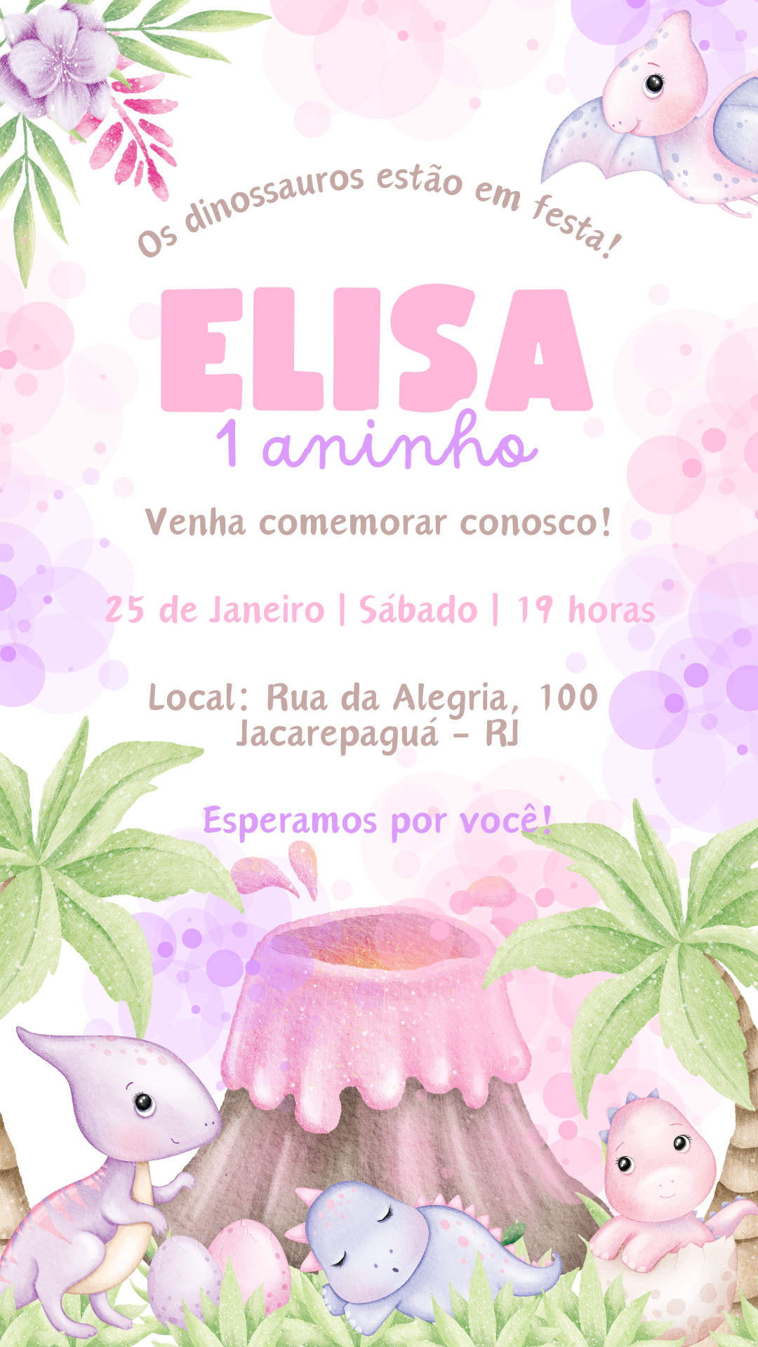 Convite Simples - Dinossauros Dino Baby Menina
