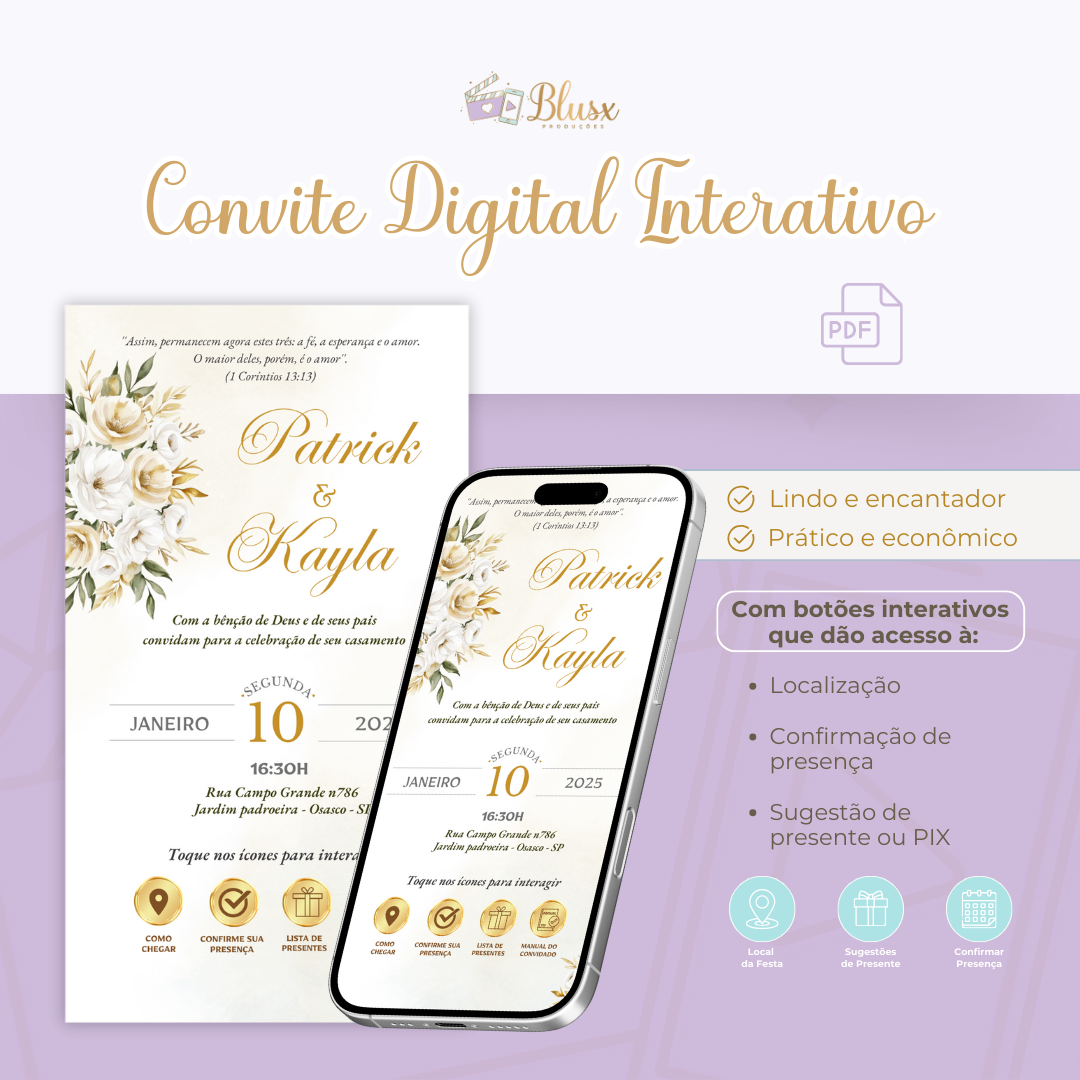 Convite Interativo - Casamento - Branco e Dourado