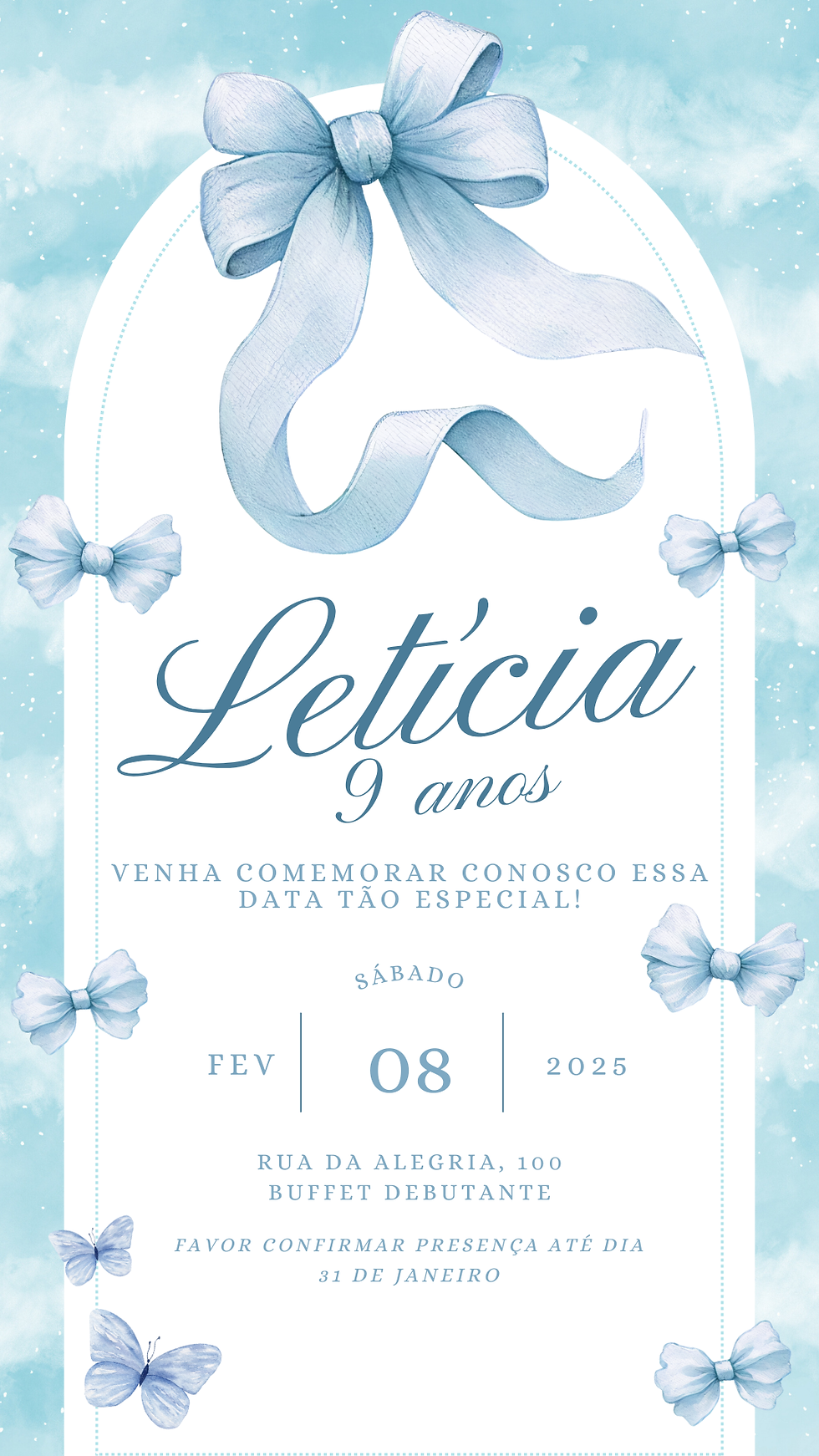 Convite Simples - Laços e Borboletas Azul