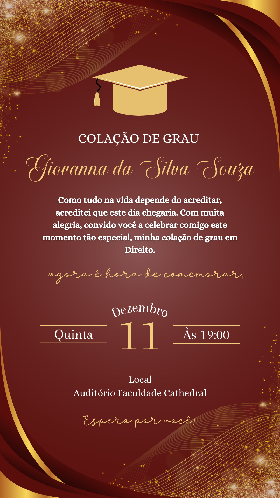 Convite Simples - Formatura Vermelho/Bordô com Dourado