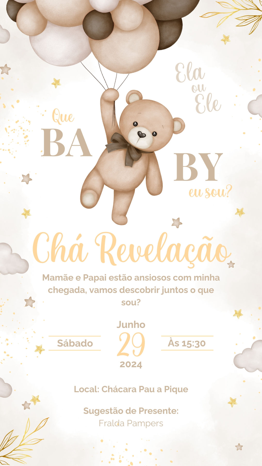 Convite Simples - Chá Revelação Ursinho Bege