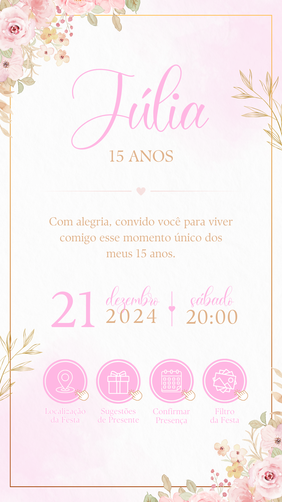 Convite Interativo - Rosa e Dourado 15 Anos