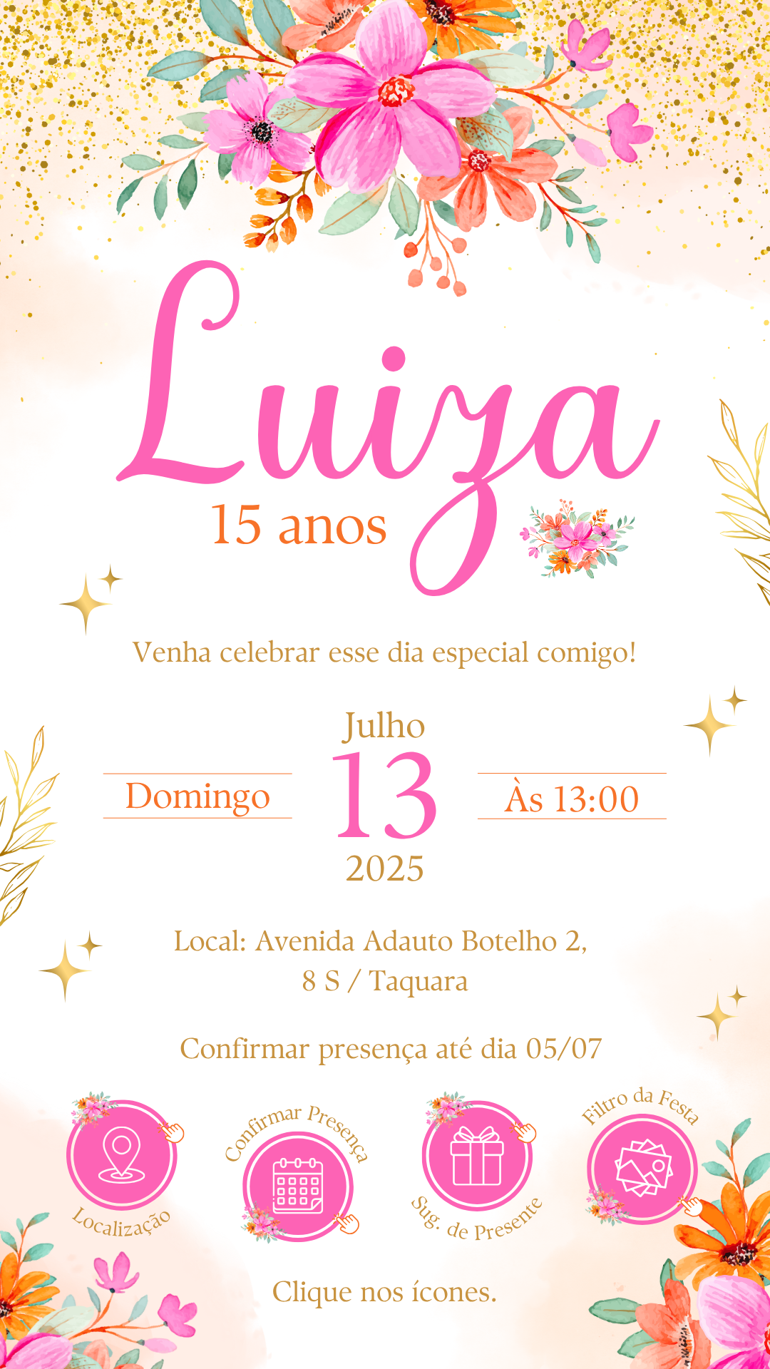 Convite Interativo - Rosa Laranja e Dourado 15 anos