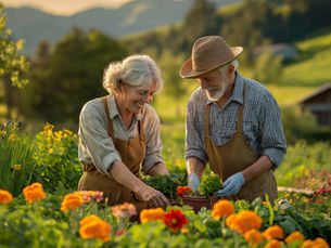 Older couple gardening together, using proper posture and ergonomic tools in a vibrant flower garden.
