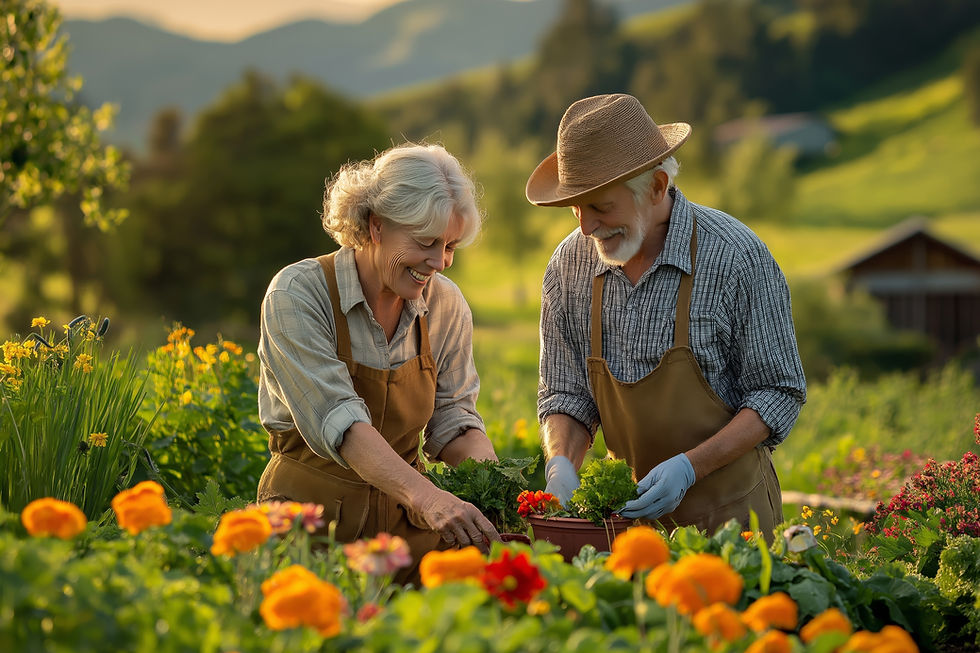 Older couple gardening together, using proper posture and ergonomic tools in a vibrant flower garden.