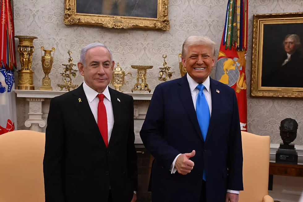 Two men in suits in an ornate room. One smiles and gives thumbs up. Background: gold decor, paintings, and flags. Mood: formal and cheerful.