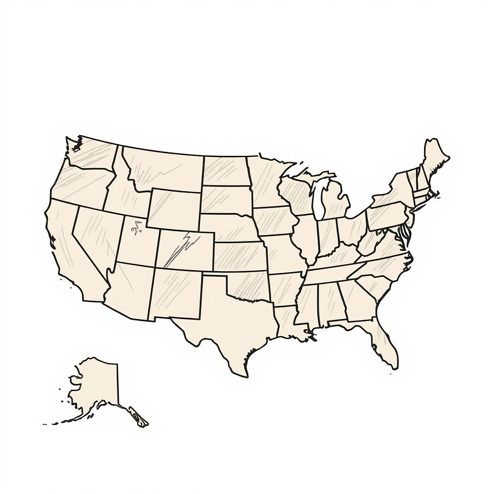 Outline map of the United States, with individual state borders drawn. Beige background, black lines, no visible text. Simple design.