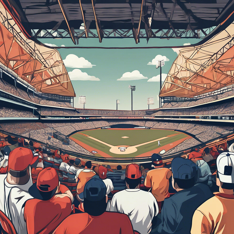 Stadium filled with fans in colorful caps, watching a baseball game under a clear sky. The field is bright green and the atmosphere is lively.