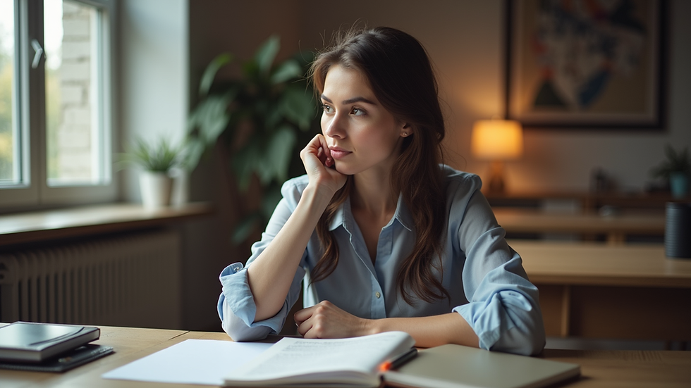 Eye-level view of a woman sitting at a desk with a notebook and pen, reflecting thoughtfully