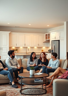 休息室配有柔软的家具和厨房,背景是白色的壁橱和冰箱,还有学生