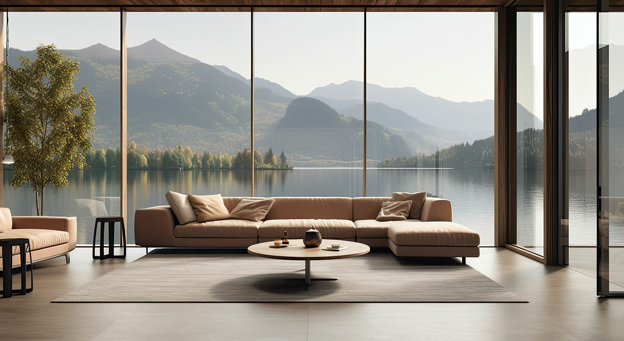 Modern minimalist living room with a view of the mountains and the lake