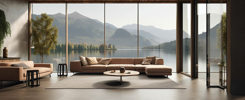 Modern minimalist living room with a view of the mountains and the lake