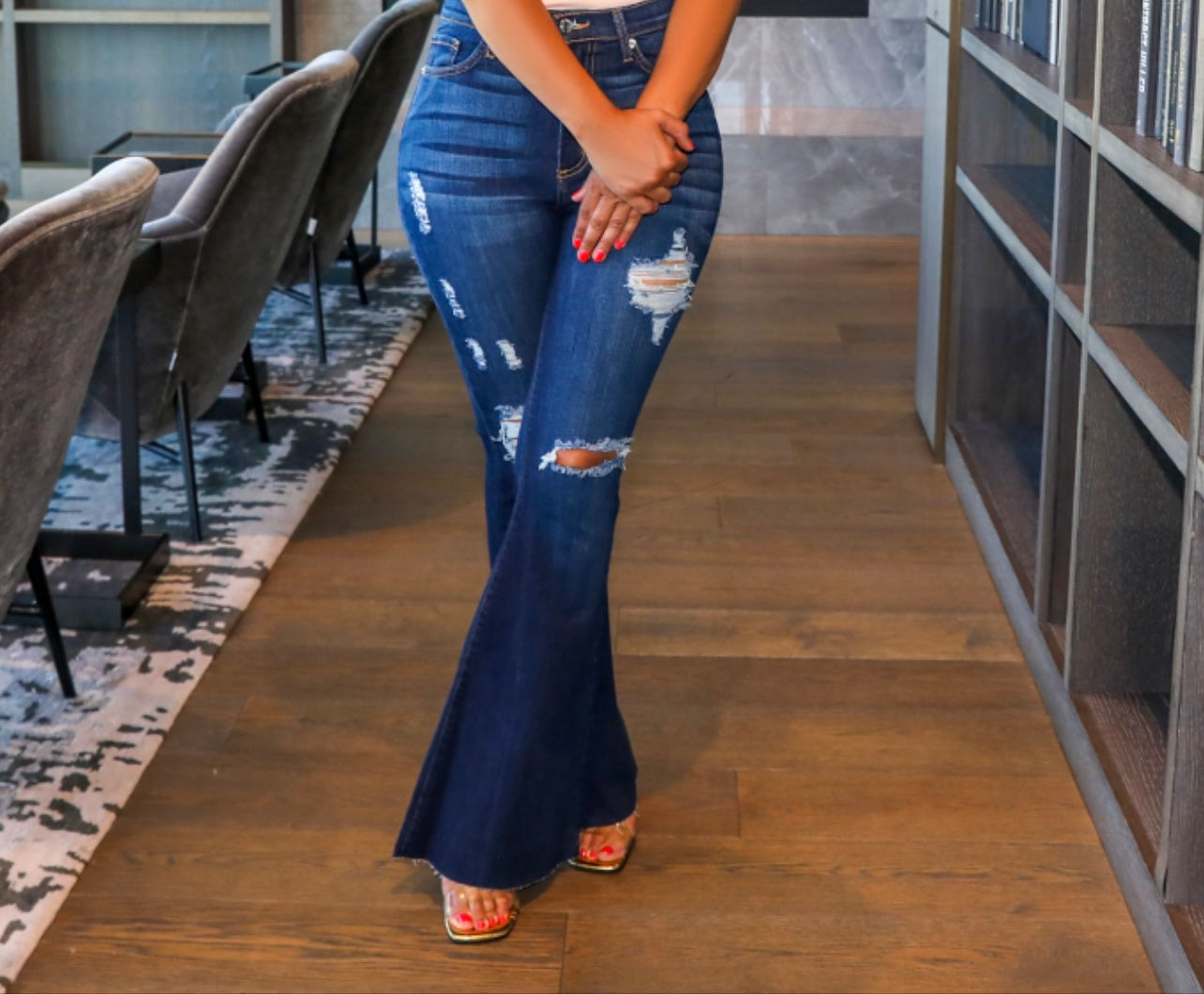 High Rise Bell Features Ripped Jeans 