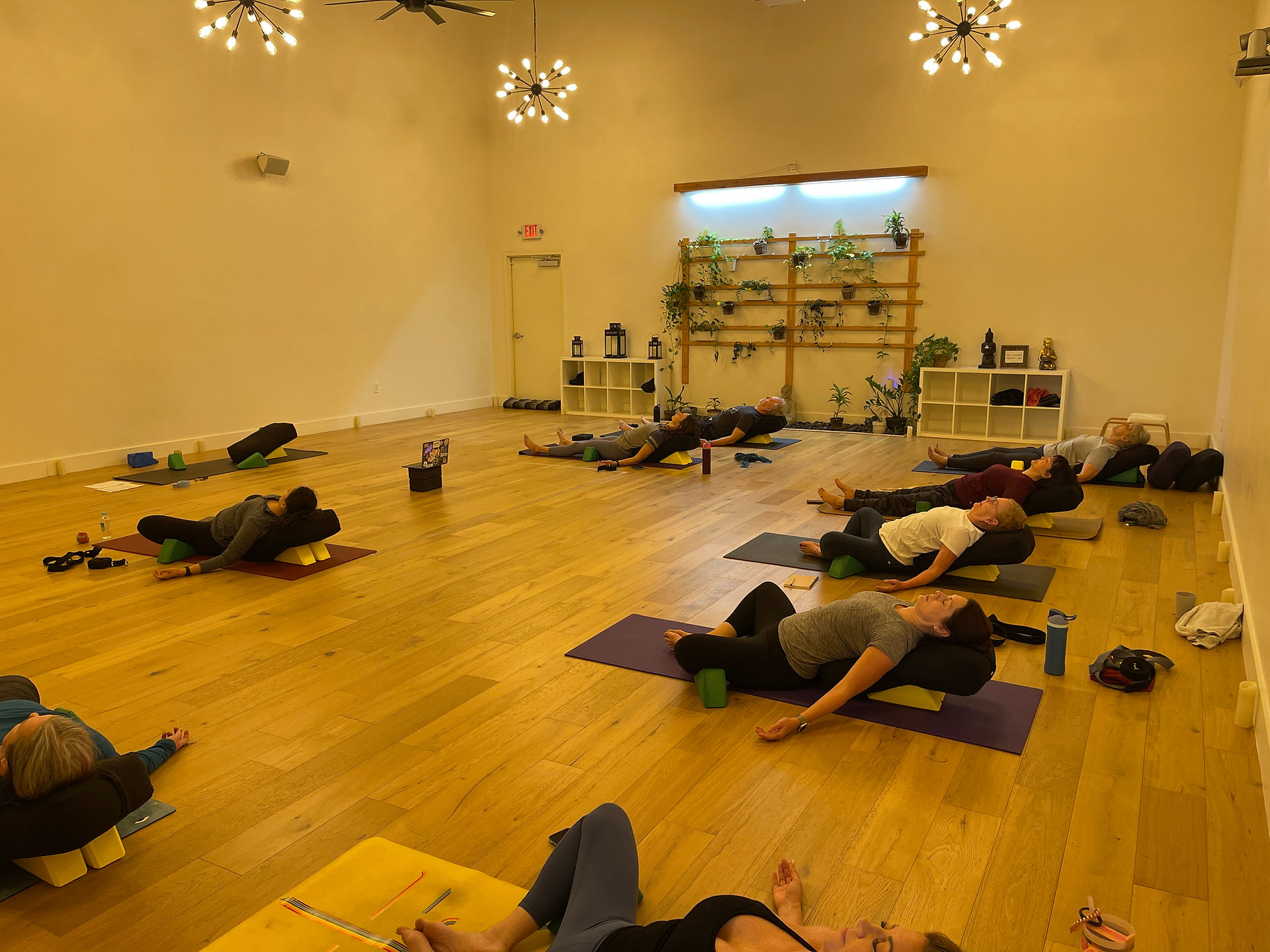 A room full of students doing yoga.