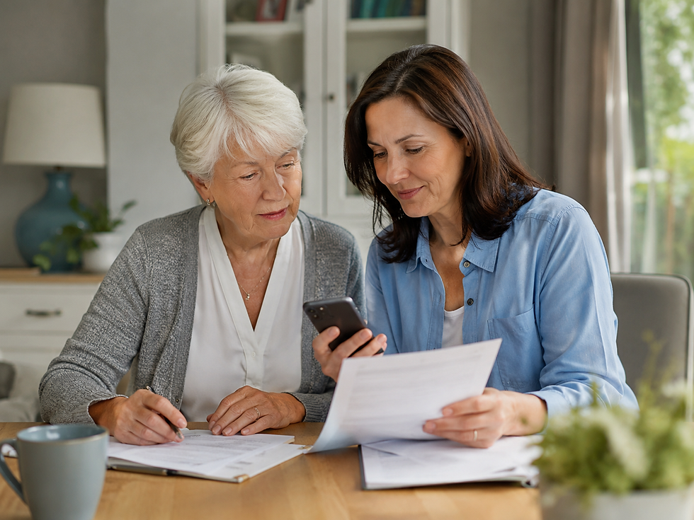 Senior woman reviewing paperwork and a phone with a family member