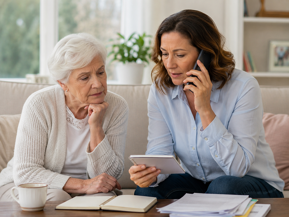 Concerned family member speaking with a senior care advisor for an elderly person who may need help