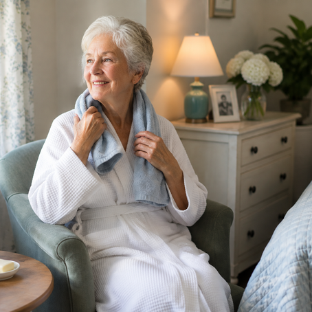 78-year-old woman in a bathrobe drying off with a towel after bathing.