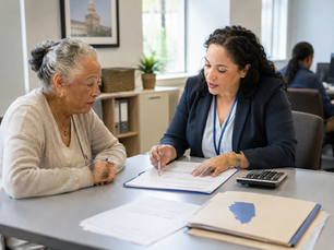 Senior woman reviewing Illinois Medicaid income eligibility and qualification requirements with a professional advisor.