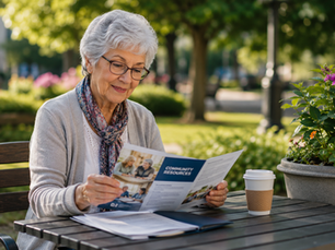 Senior woman sitting on a park bench reading a community resources brochure