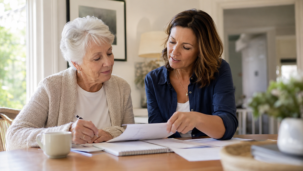 Adult daughter reviewing care planning documents with her aging mother at home.