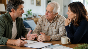 Adult son and daughter having a thoughtful conversation with their aging father at home.