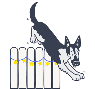 Illustration of a german shepherd jumping over a picket fence