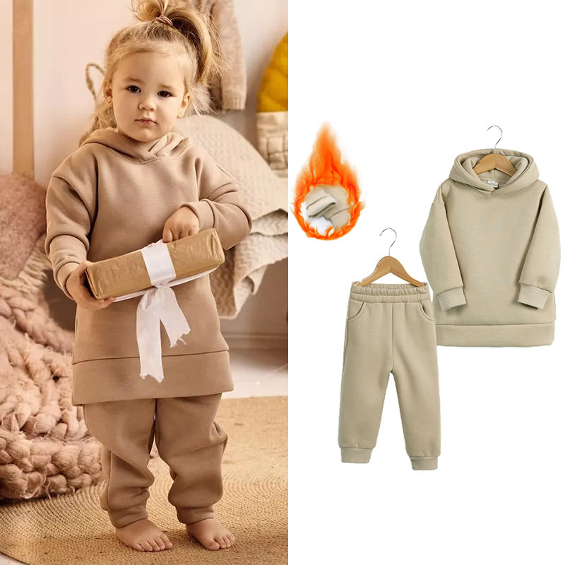 Thumbnail: Kids Baby Boys Girls 2Pcs Fleece Outfits Hooded Sweatshirt+Pants Toddler Solid L