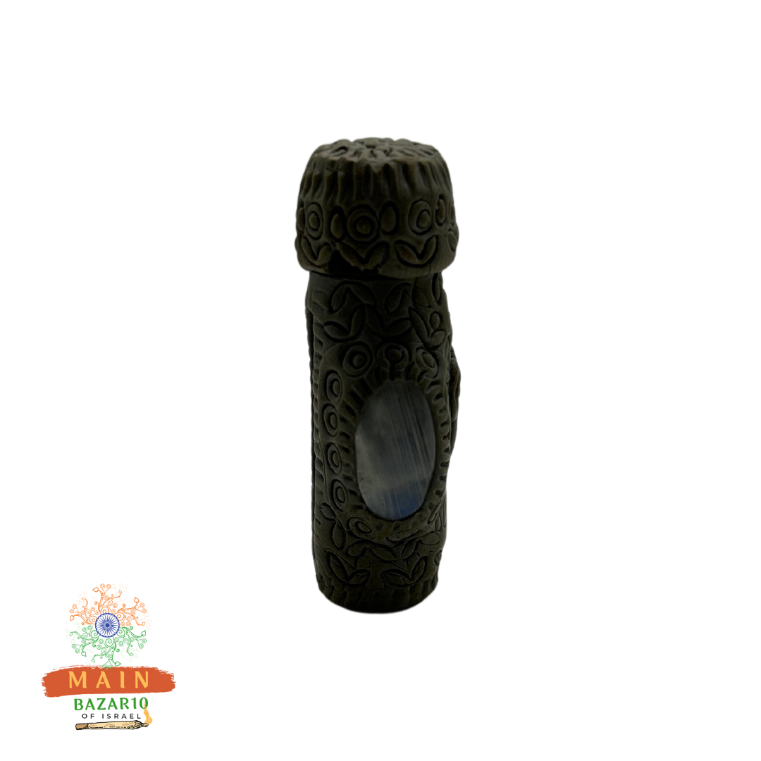 בקבוקון קטן מעוטר, מכסה חרוט, זכוכית כחולה