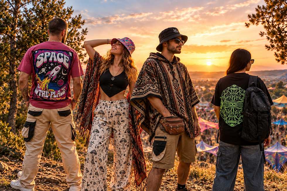 אנשים במסיבת טבע עם חולצות אולטרה ,טופים מכנסי מסיבות וכובעים