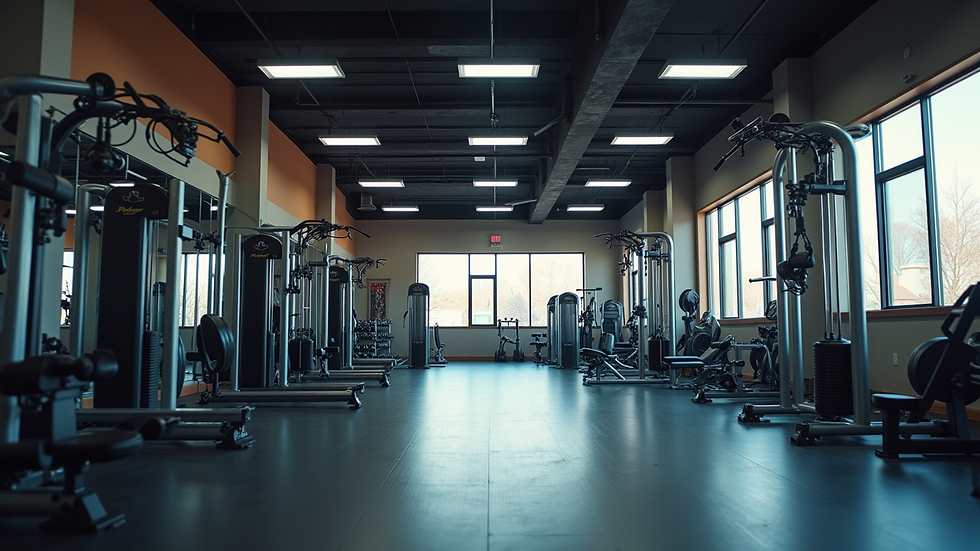 Wide angle view of gym workout area with various equipment