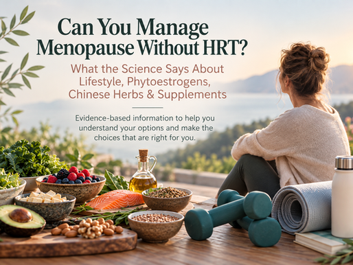 woman overlooking a sunrise beside healthy foods and strength training equipment for an evidence based menopause wellness article