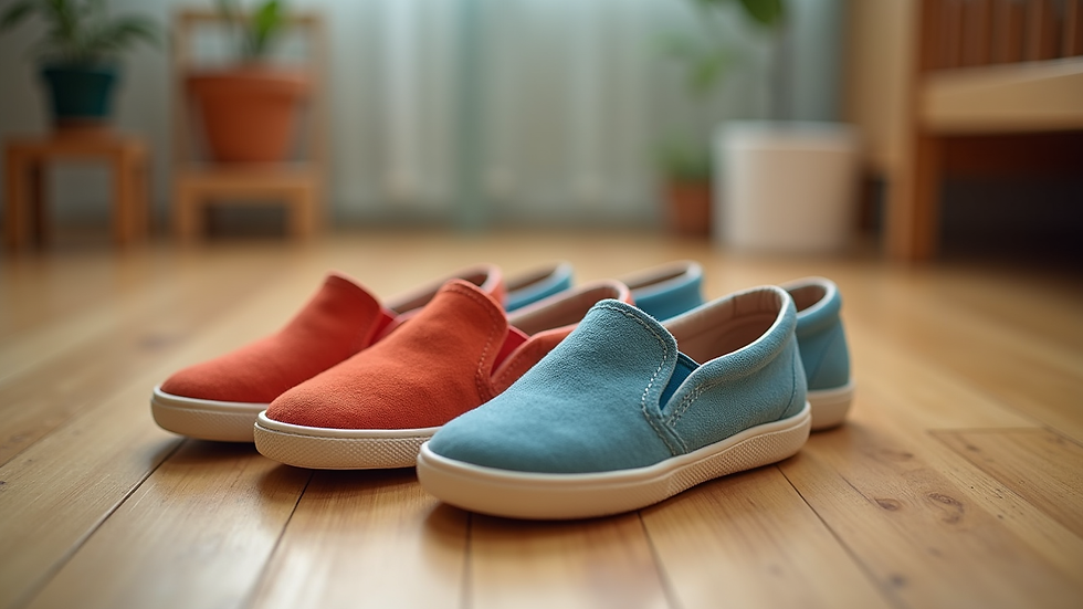 close-up view of colorful children’s shoes on a wooden floor