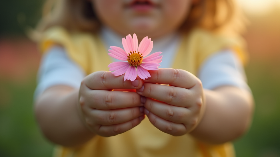 close-up view of a child’s hands holding a flower
