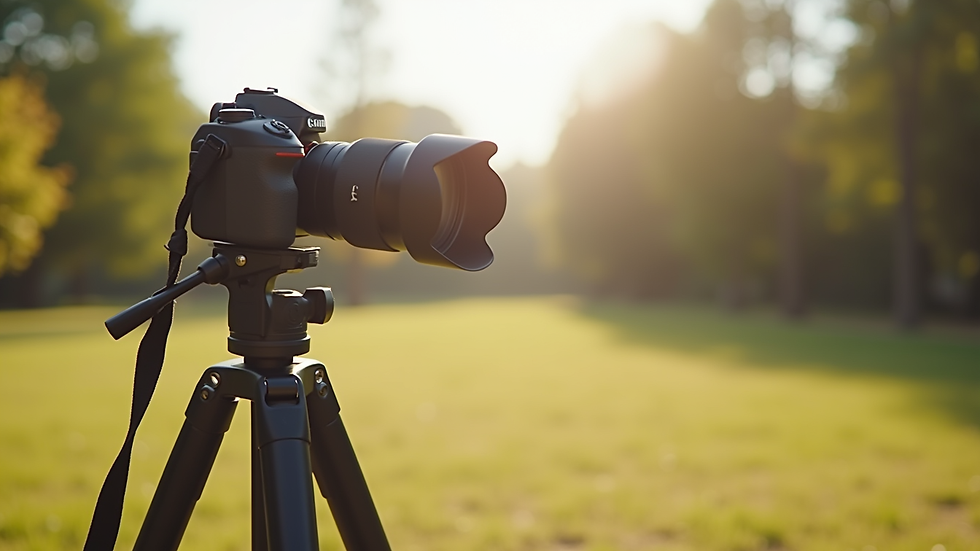 close-up view of a camera on a tripod in a bright outdoor setting