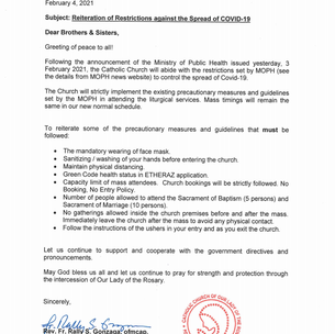 REITERATION OF RESTRICTIONS AGAINST THE SPREAD OF COVID 19
