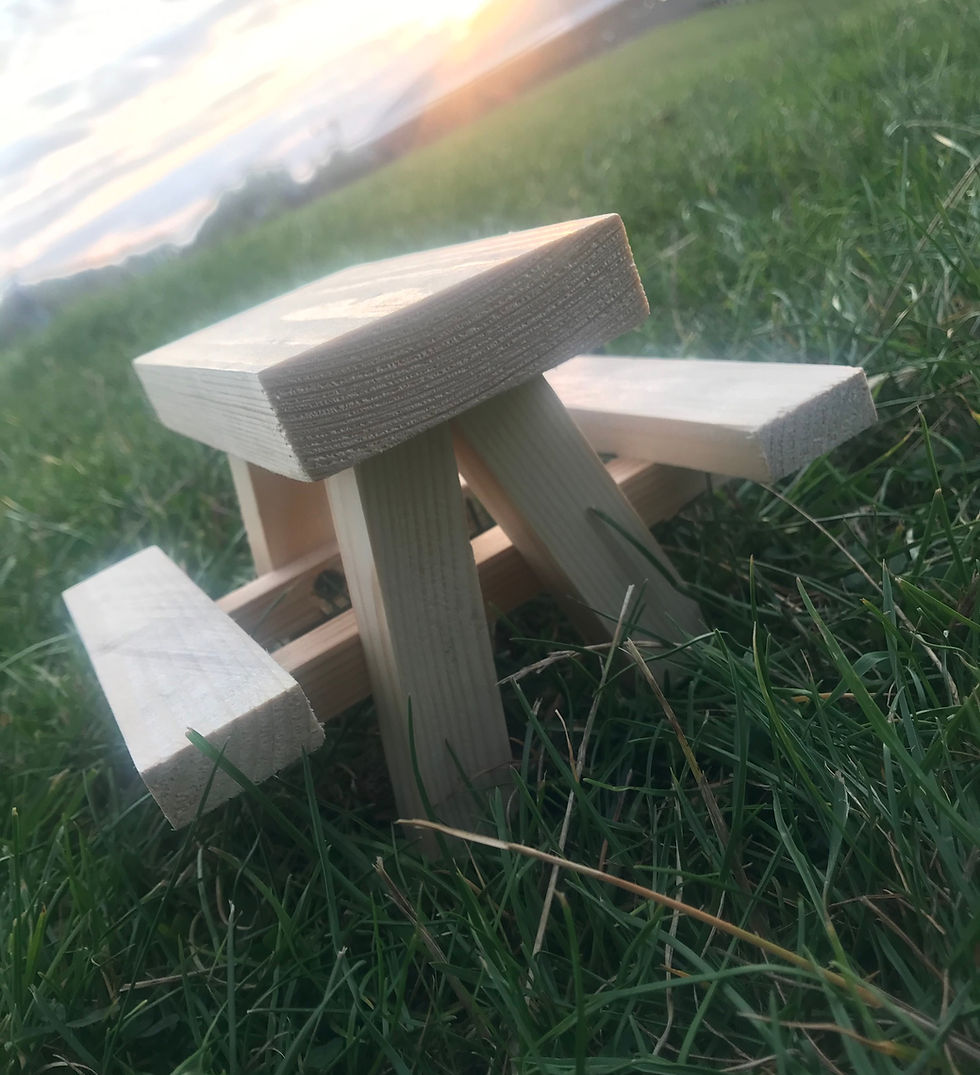 Miniature wooden picnic table outdoors