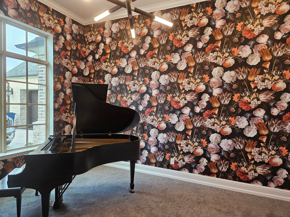 Wallpapered room with the piano