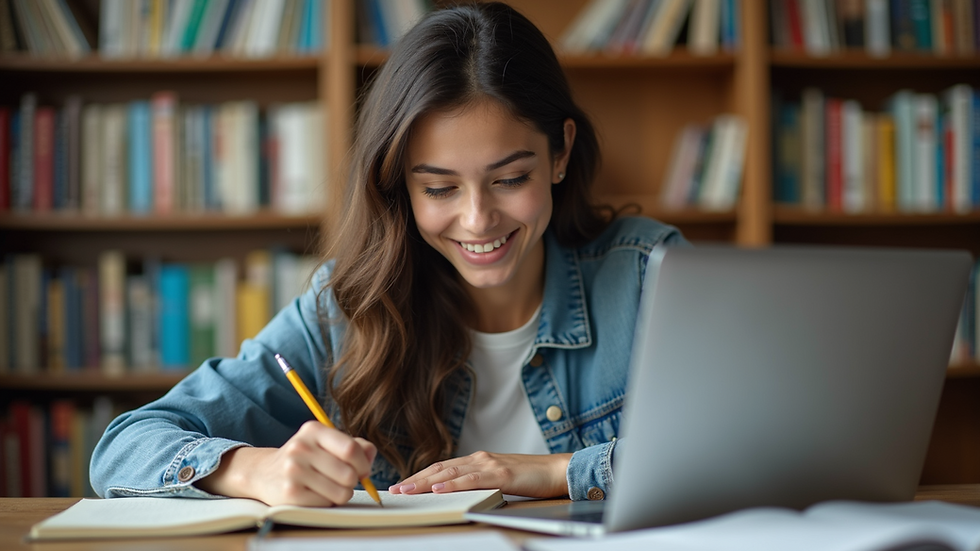 Eye-level view of a student studying with books and a laptop
