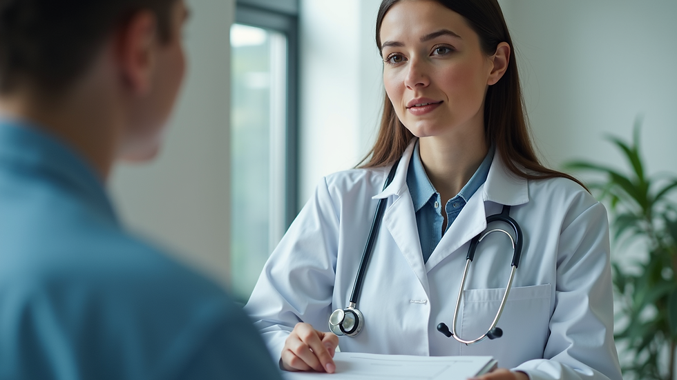 Close-up view of a healthcare navigator discussing options with a patient
