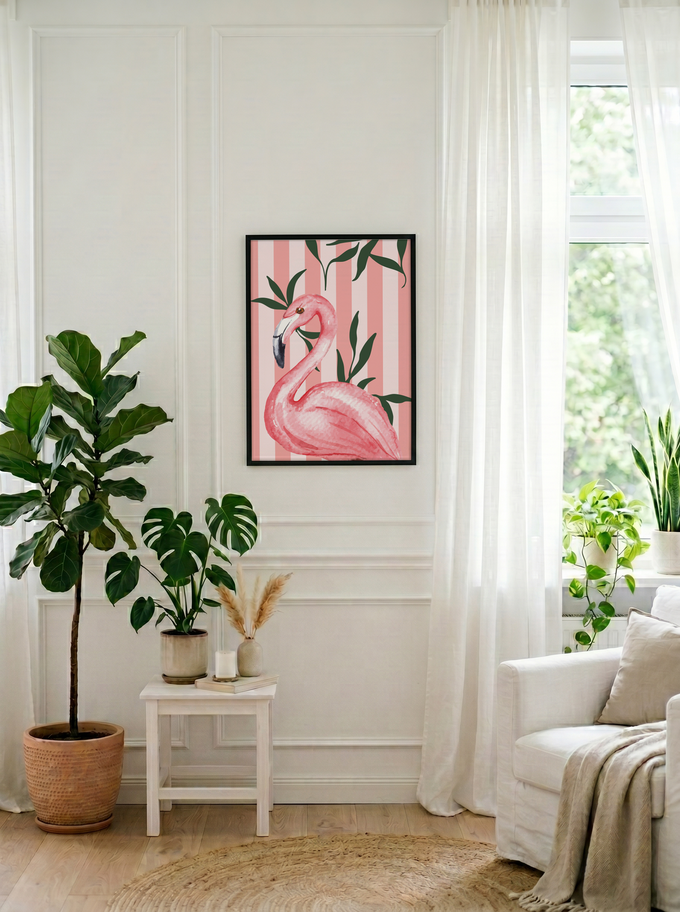 Flamingo Garden | Premium Art Print | Black Frame