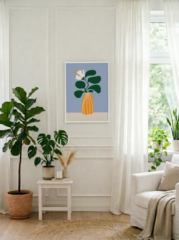 White Lily Still Life | Premium Art Print | White Frame, perfect for Reading corners & minimal interiors