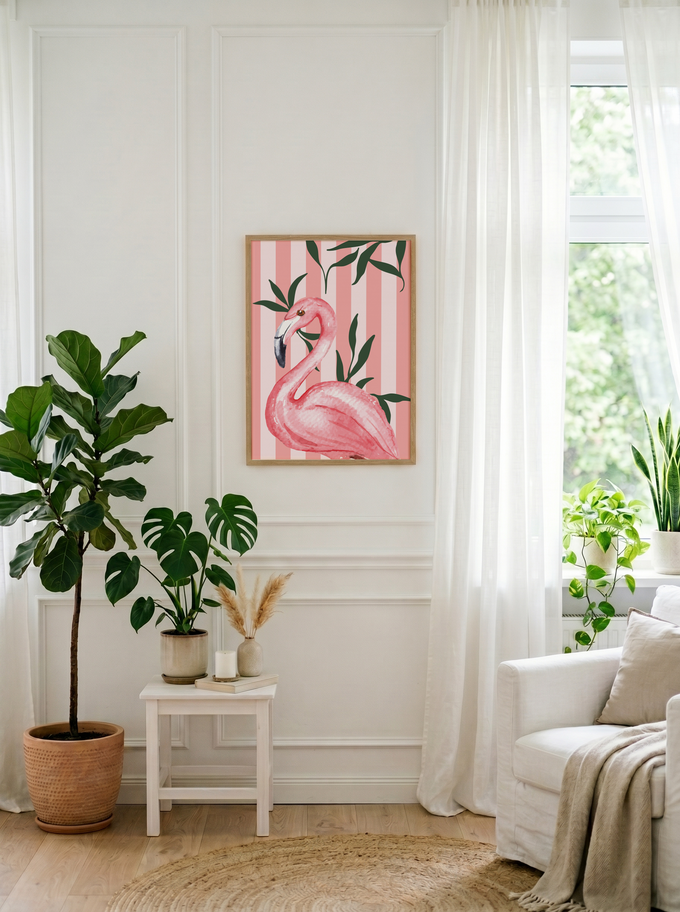 Flamingo Garden | Premium Art Print | Wooden Frame