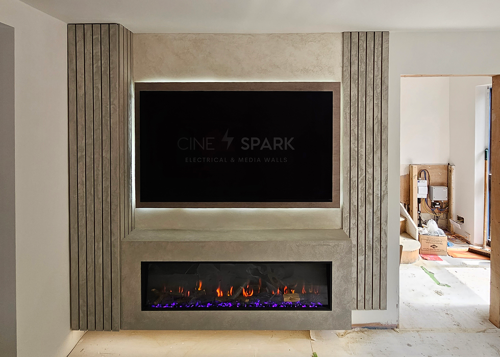 Media wall from Cine Spark Electrical & Media Walls with Impera Italia Textured Paint Finish | Inset Electric Fire and Slat Wall Panelling