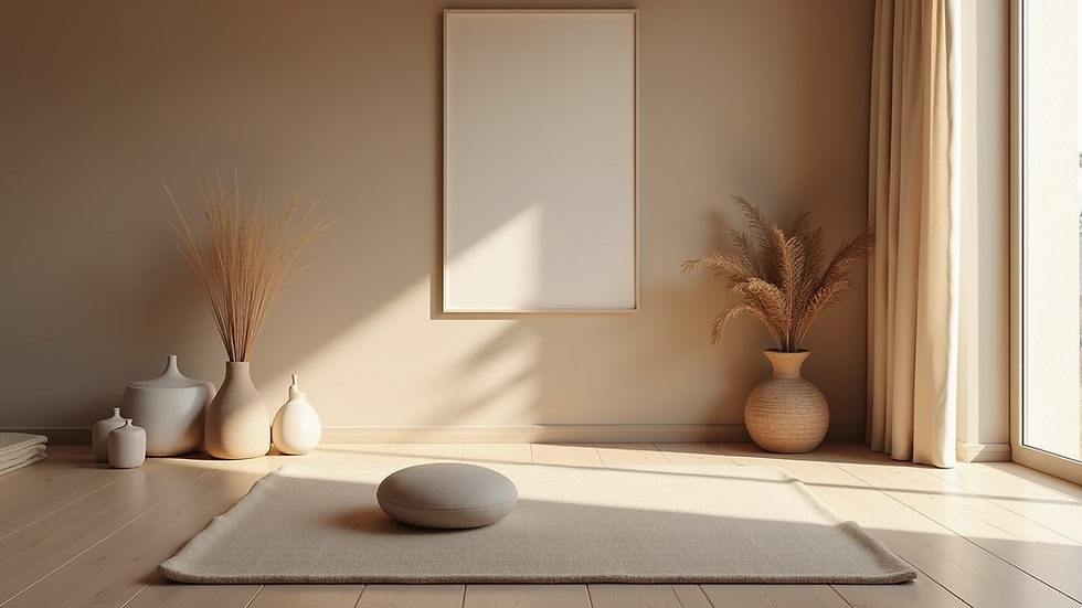 Eye-level view of a serene meditation room filled with calming decor