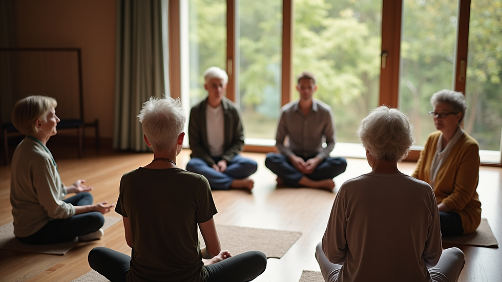 High angle view of a group of seniors participating in a meditation session