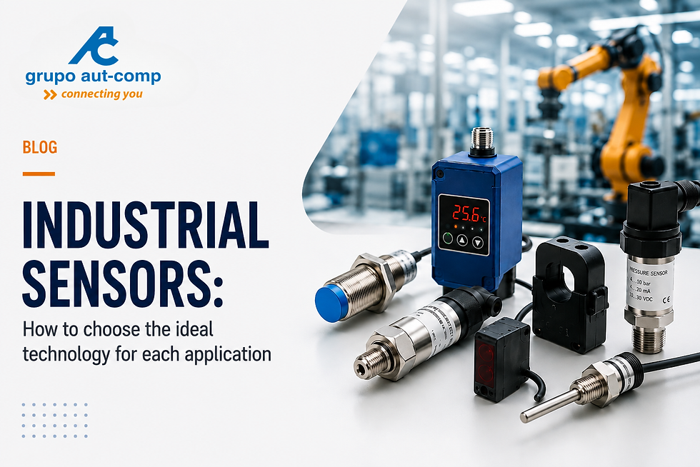 Industrial sensors applied in automation and Industrial IoT with data monitoring, electronic components, and specialized technical support from Grupo Autcomp
