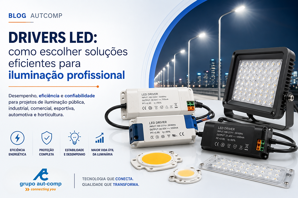 Drivers LED e componentes eletrônicos aplicados em projetos de iluminação pública, industrial, comercial e profissional com foco em eficiência, proteção e vida útil da luminária